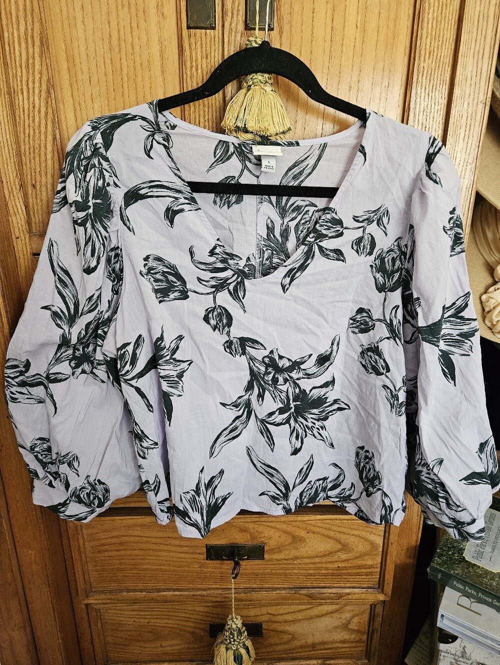 A New Day Lavender/Forest Green Blouse Cotton/Rayon Large (Fits Like Medium)